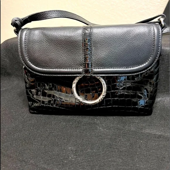 ⭐️SOLD⭐️ Black 🖤 Brighton Leather & Croc 🐊 print shoulder bag 💖 - Picture 14 of 14